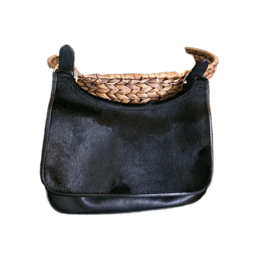 Isabella Fiore Black Haircalf Leather  Hobo Style Small Shoulder Bag Purse Y2K